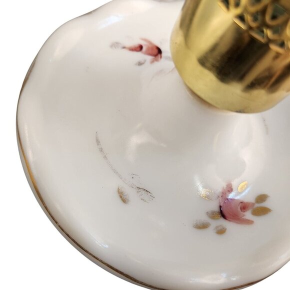 Vintage White Milk Glass Table Lamps With Pink Rose Floral Design & Brass Accent - Picture 5 of 16